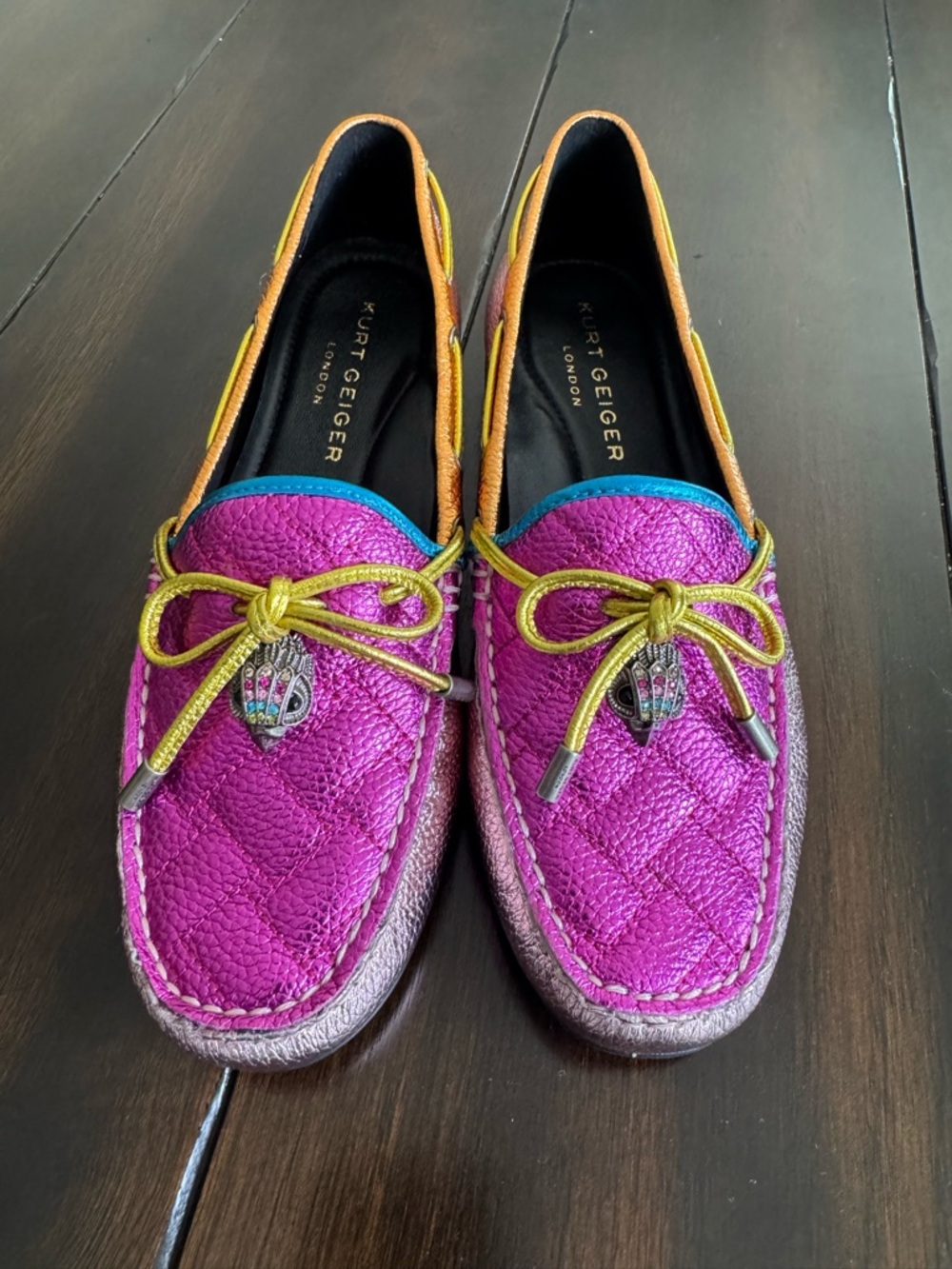 NWOT Kurt Geiger Quilted Magenta Loafers with Yellow Bow
